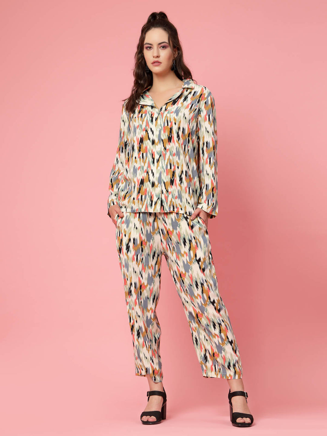 Beige & Yellow Abstract Printed Lapel Collar Shirt & Trouser