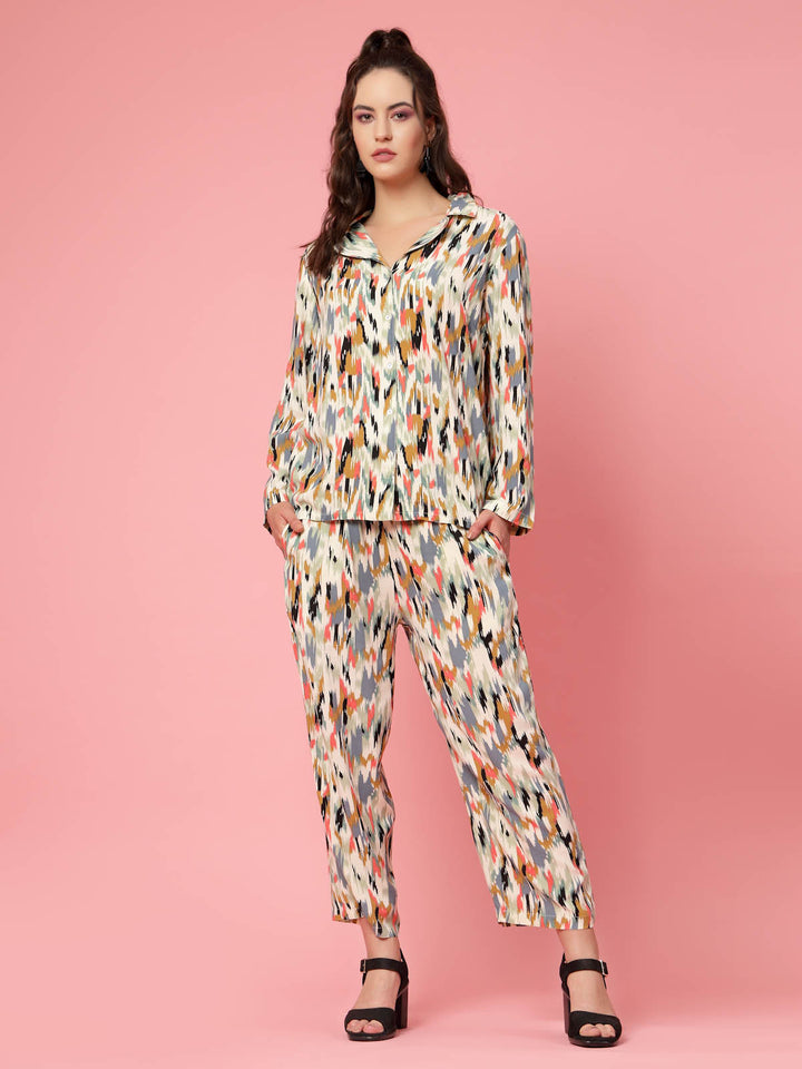 Beige & Yellow Abstract Printed Lapel Collar Shirt & Trouser