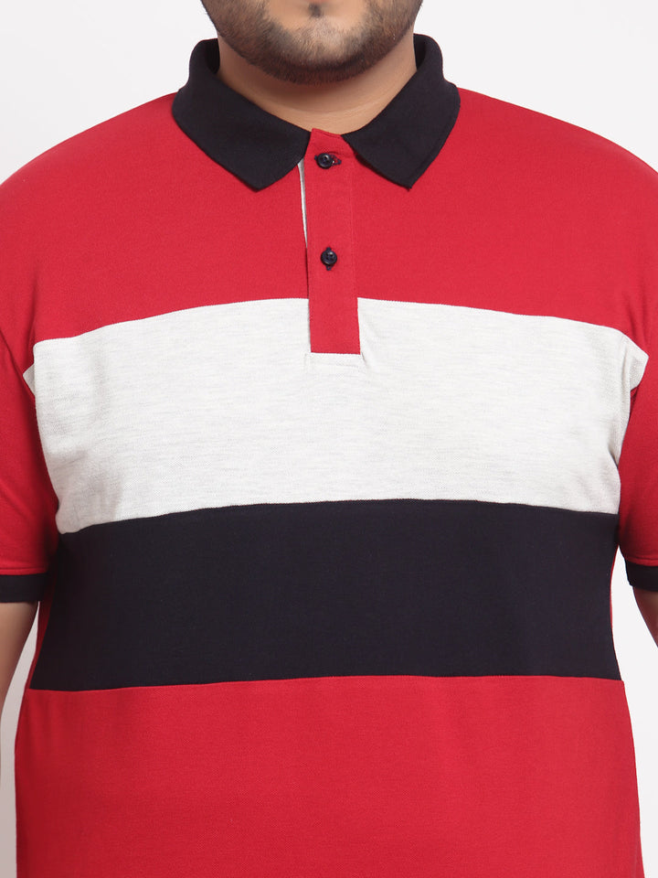 plusS Men Red Striped Polo Collar Applique T-shirt