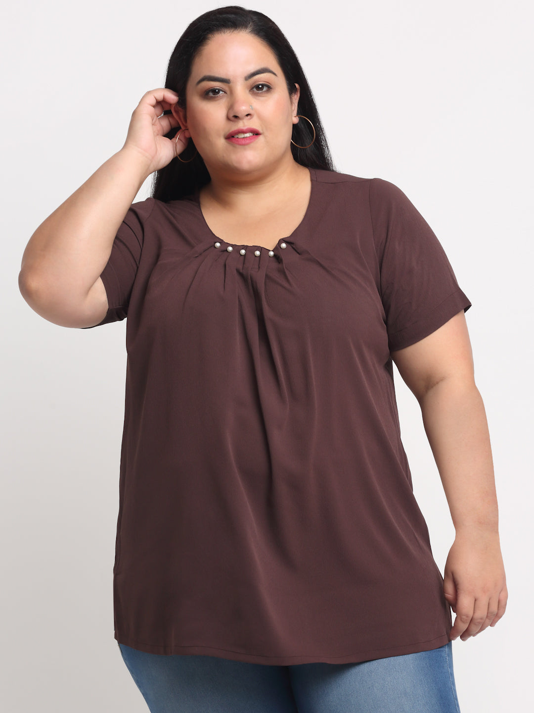 plusS Women Plus Size Brown Solid Round Neck Regular Top