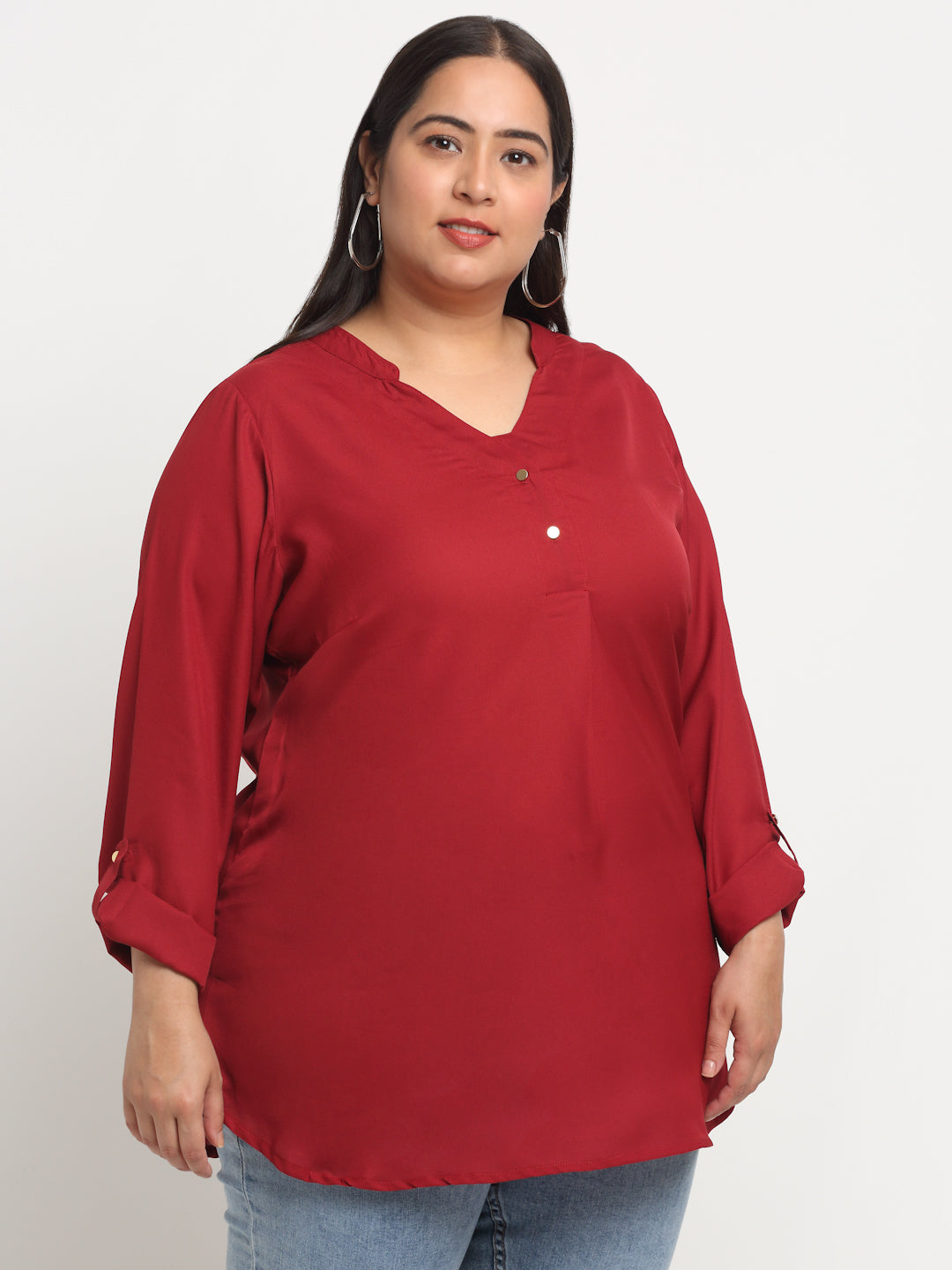 Mandarin Collar Roll-Up Sleeves Top