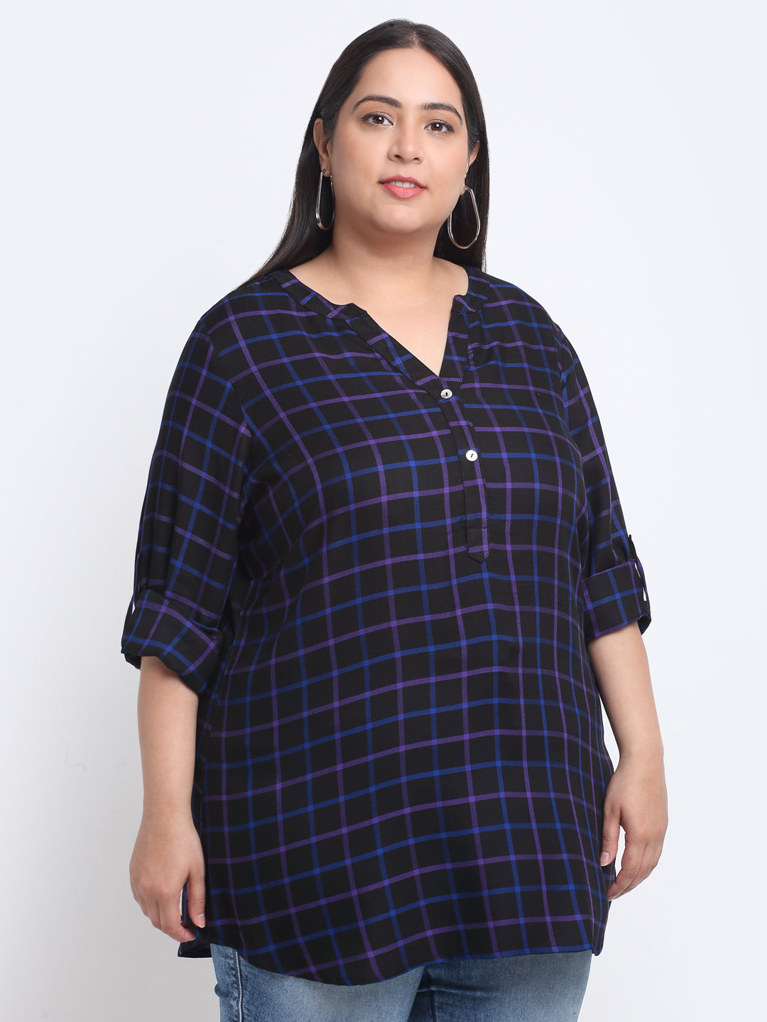 Plus Size Checked Roll-Up Sleeves Top