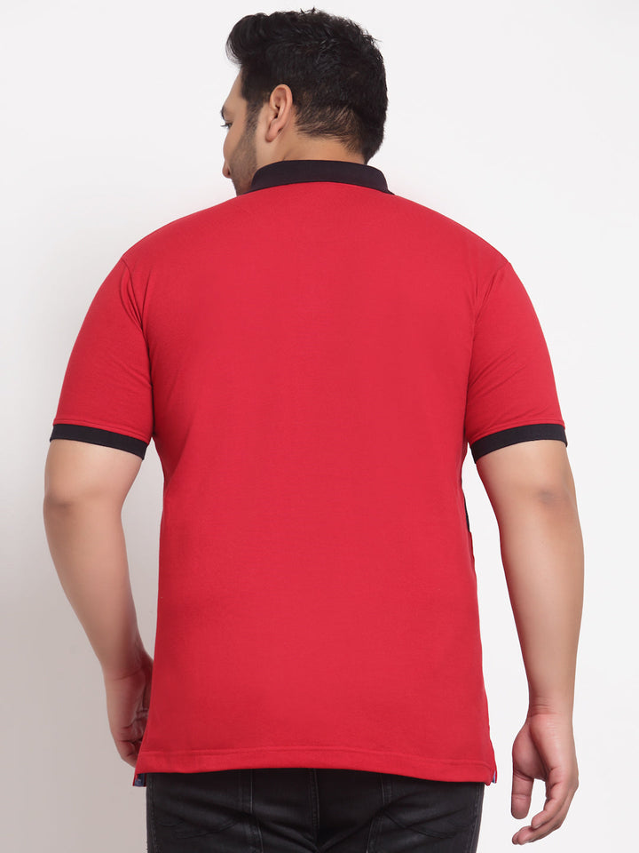 plusS Men Red Striped Polo Collar Applique T-shirt