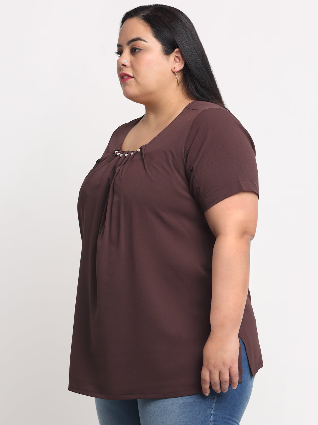 plusS Women Plus Size Brown Solid Round Neck Regular Top