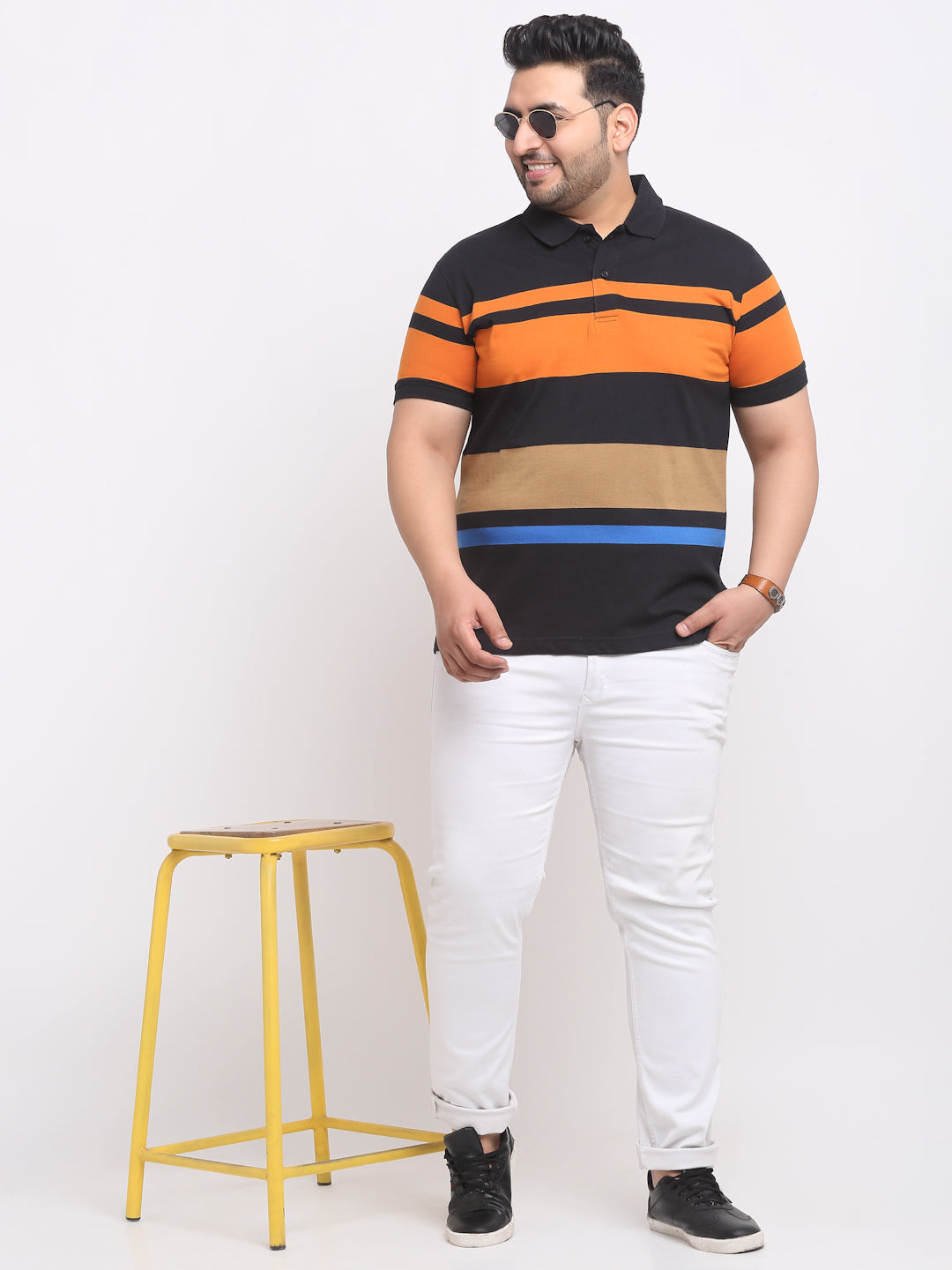 Plus Size Black Striped Polo Collar Cotton T-shirt