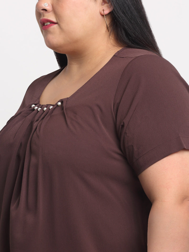 plusS Women Plus Size Brown Solid Round Neck Regular Top