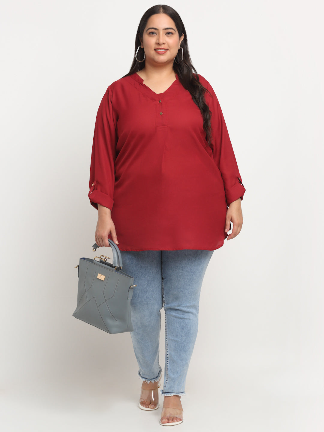 Mandarin Collar Roll-Up Sleeves Top