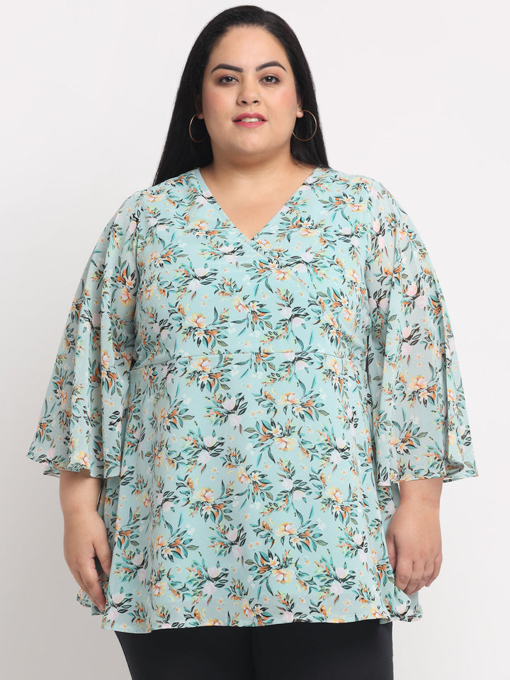 plusS Sea Green Plus Size Floral Print Top