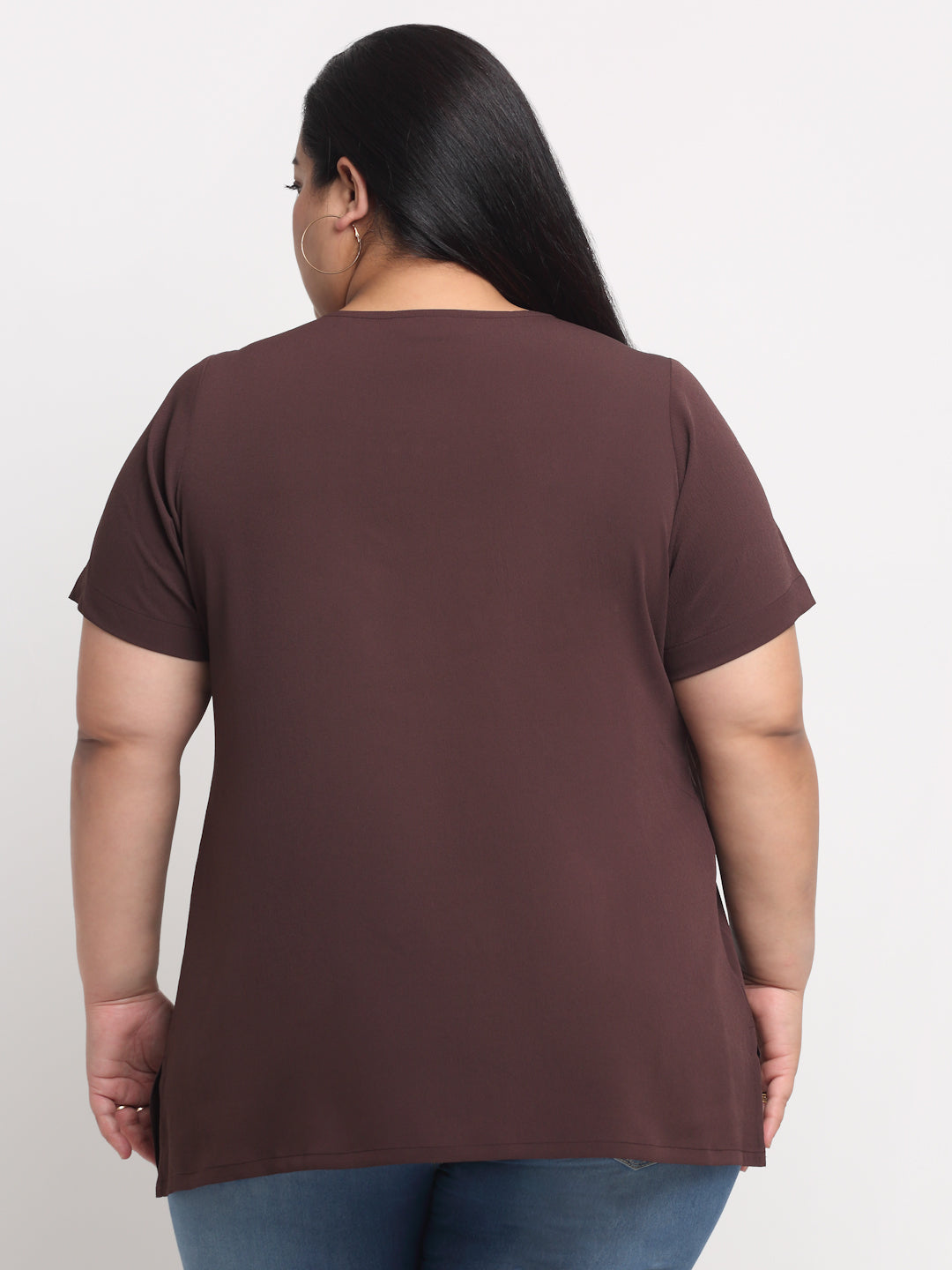 plusS Women Plus Size Brown Solid Round Neck Regular Top