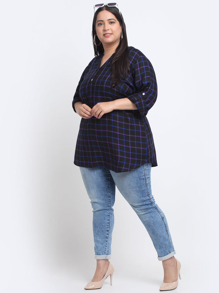 Plus Size Checked Roll-Up Sleeves Top