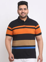 Plus Size Black Striped Polo Collar Cotton T-shirt