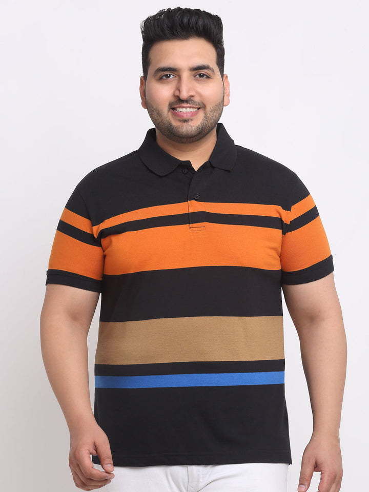 Plus Size Black Striped Polo Collar Cotton T-shirt