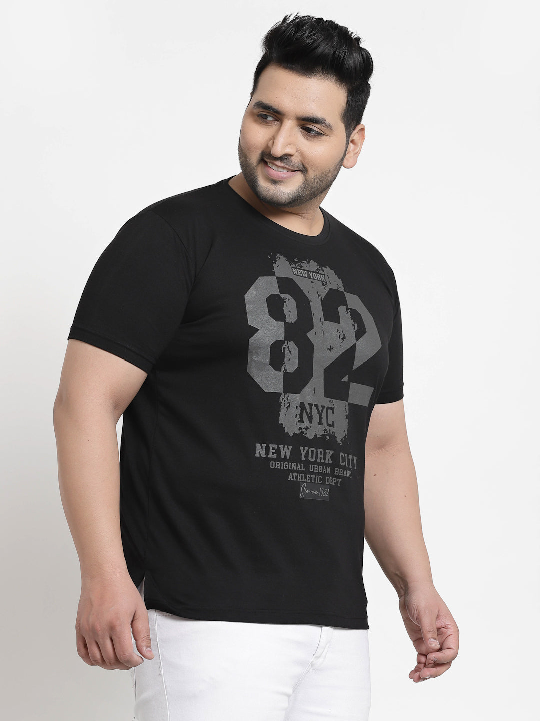 Men Plus Size Black Printed Pure Cotton T-shirt