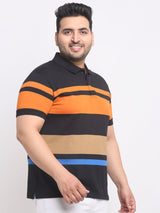 Plus Size Black Striped Polo Collar Cotton T-shirt