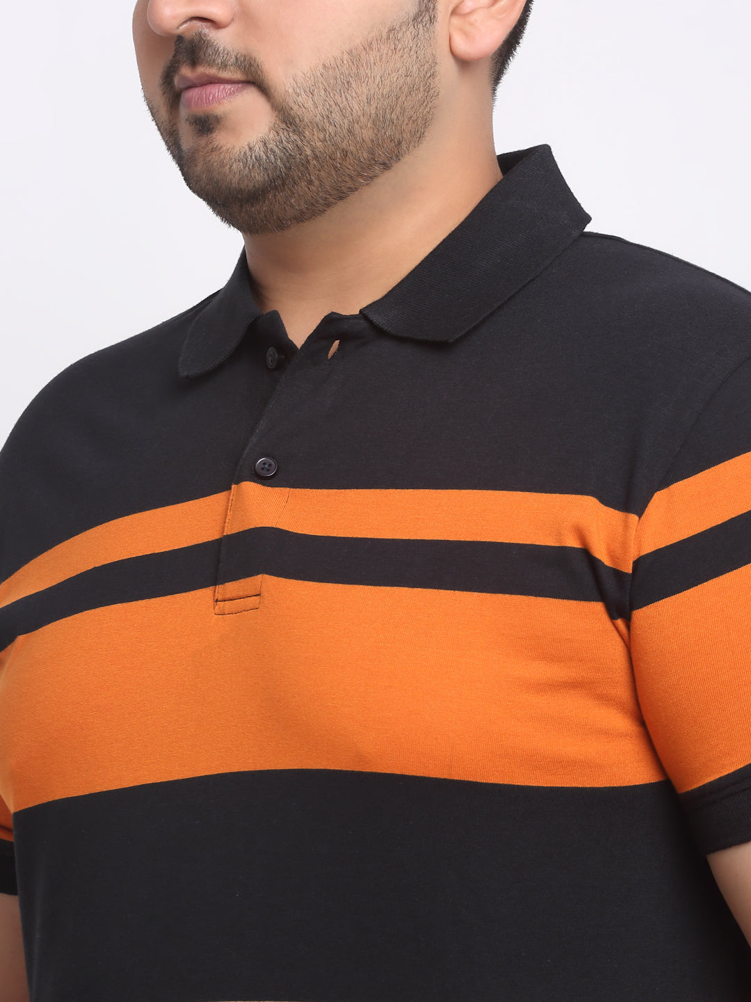 Plus Size Black Striped Polo Collar Cotton T-shirt