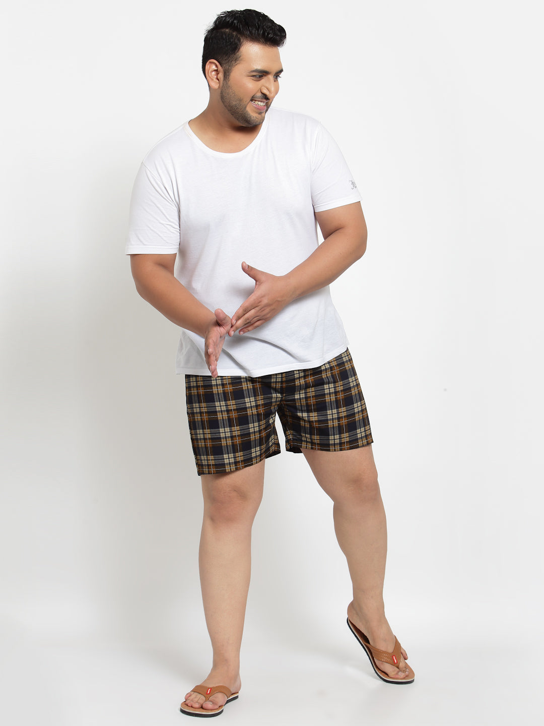 Plus Size Men Brown  Navy Blue Pure Cotton Checked Boxers MBX208E
