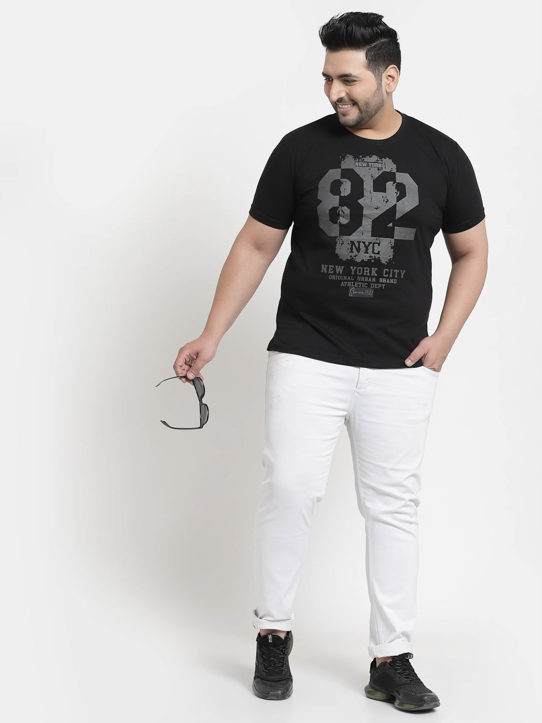 Men Plus Size Black Printed Pure Cotton T-shirt