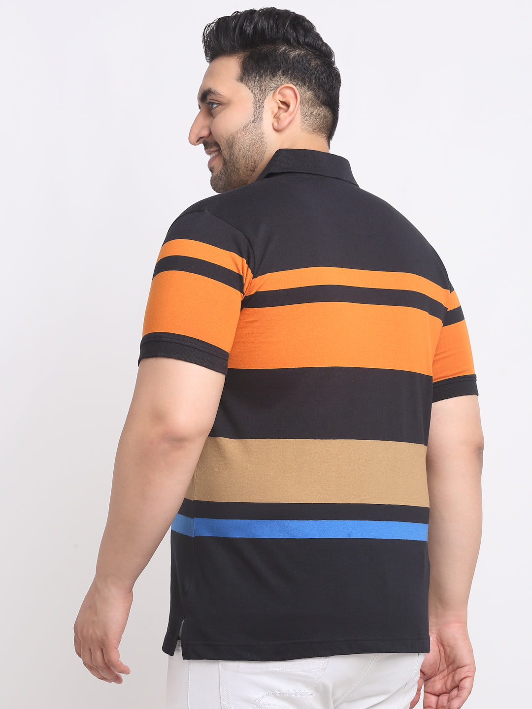 Plus Size Black Striped Polo Collar Cotton T-shirt