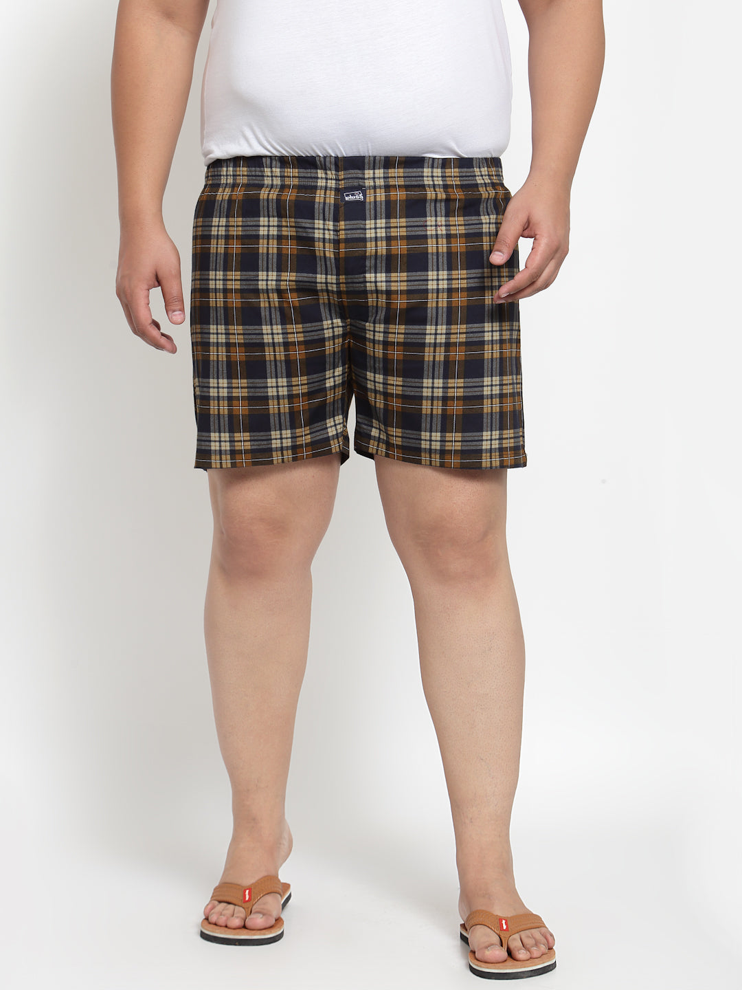 plusS Men Brown  Navy Blue Pure Cotton Checked Boxers MBX208E