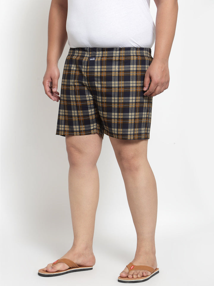 plusS Men Brown  Navy Blue Pure Cotton Checked Boxers MBX208E