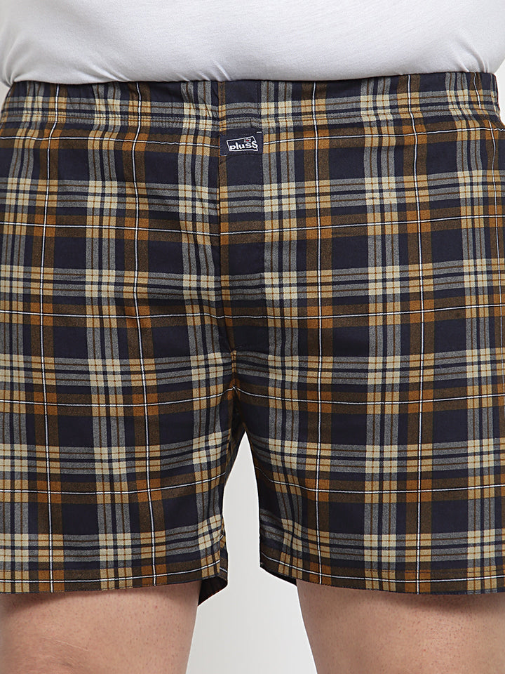 plusS Men Brown  Navy Blue Pure Cotton Checked Boxers MBX208E