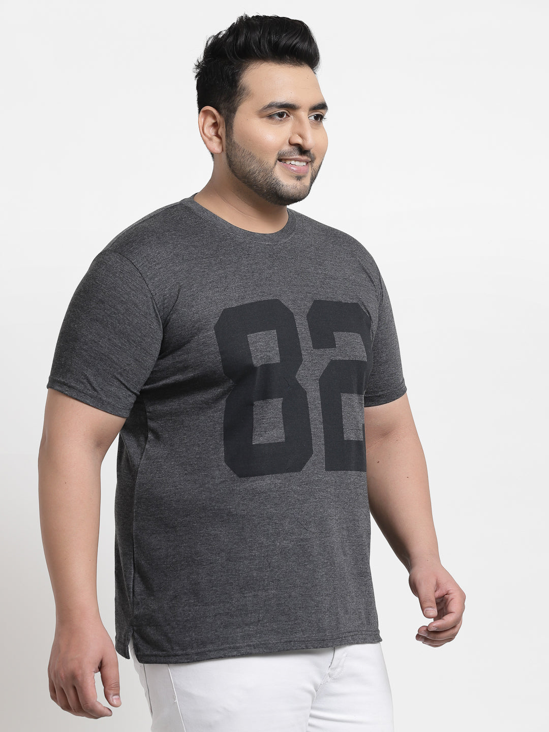 Men Plus Size Grey Typography Printed Cotton T-shirt