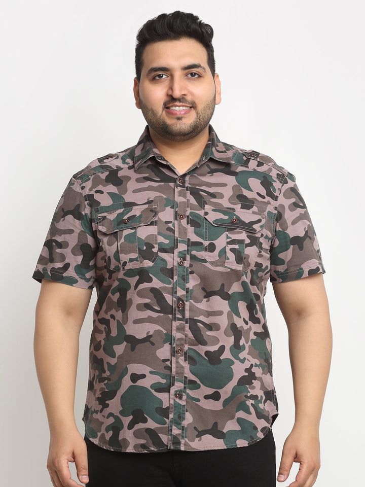 Plus Size Brown Camouflage Printed Opaque Casual Shirt