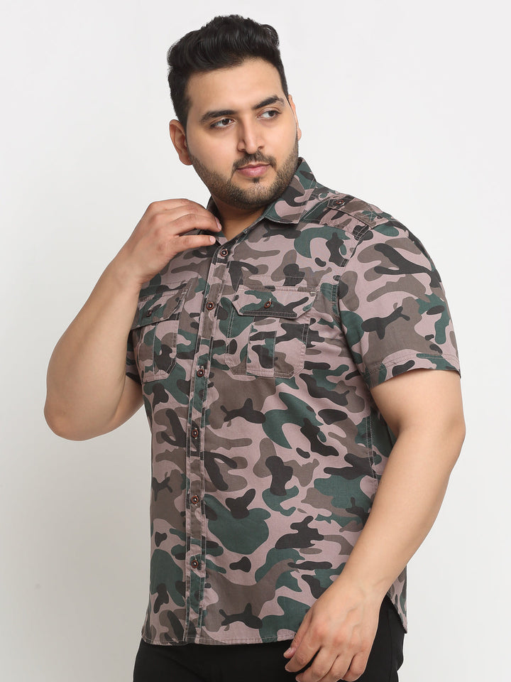 Plus Size Brown Camouflage Printed Opaque Casual Shirt