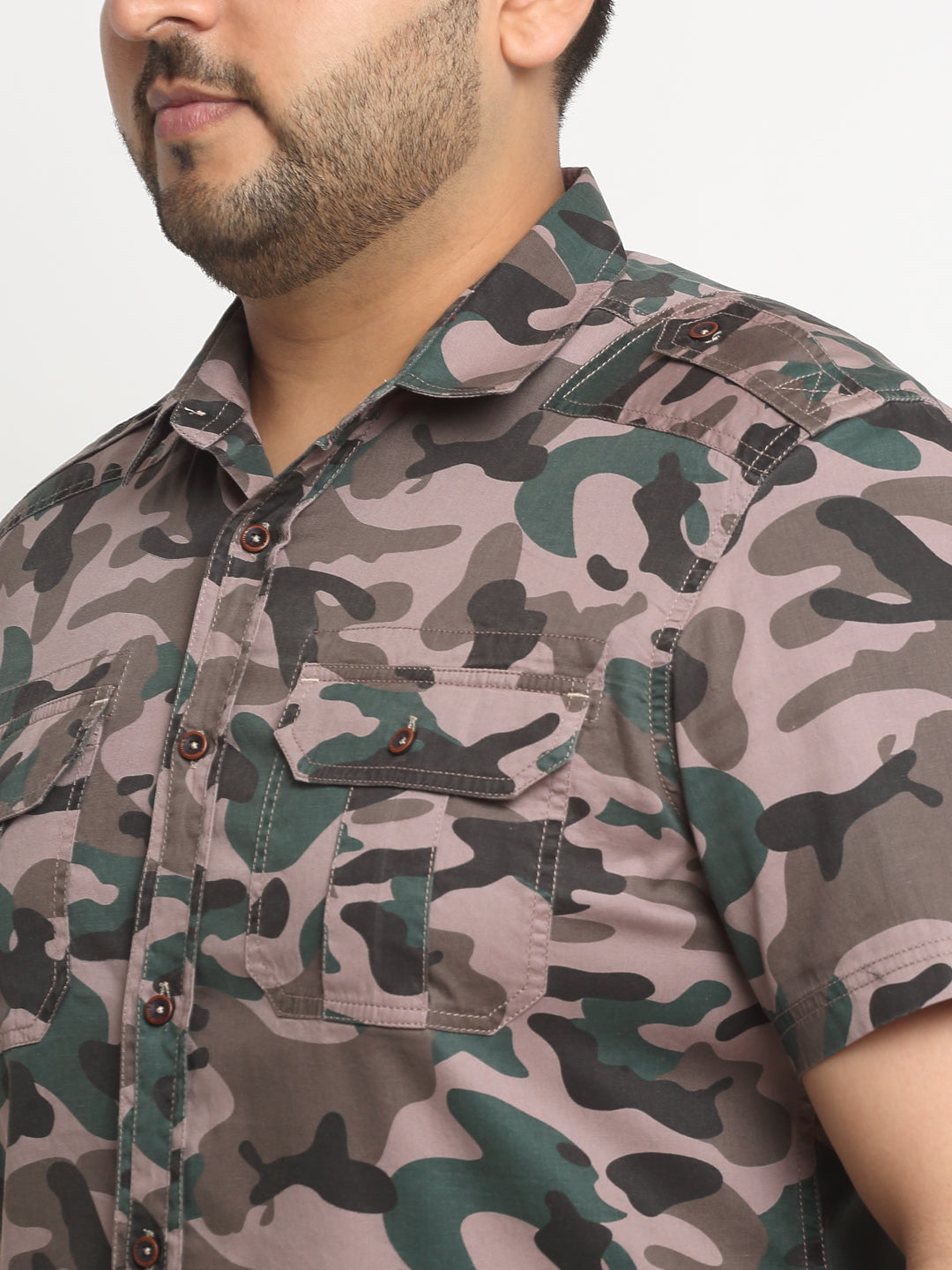 Plus Size Brown Camouflage Printed Opaque Casual Shirt