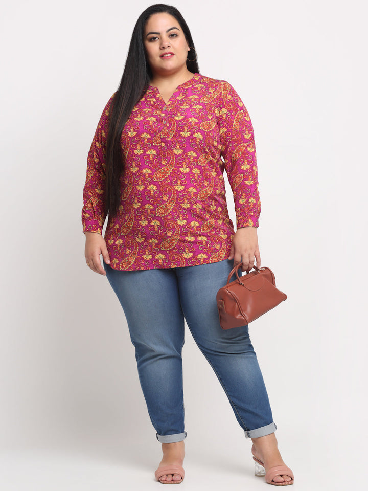 plusS Plus Size Purple  Yellow Printed Mandarin Collar Roll-Up Sleeves Top