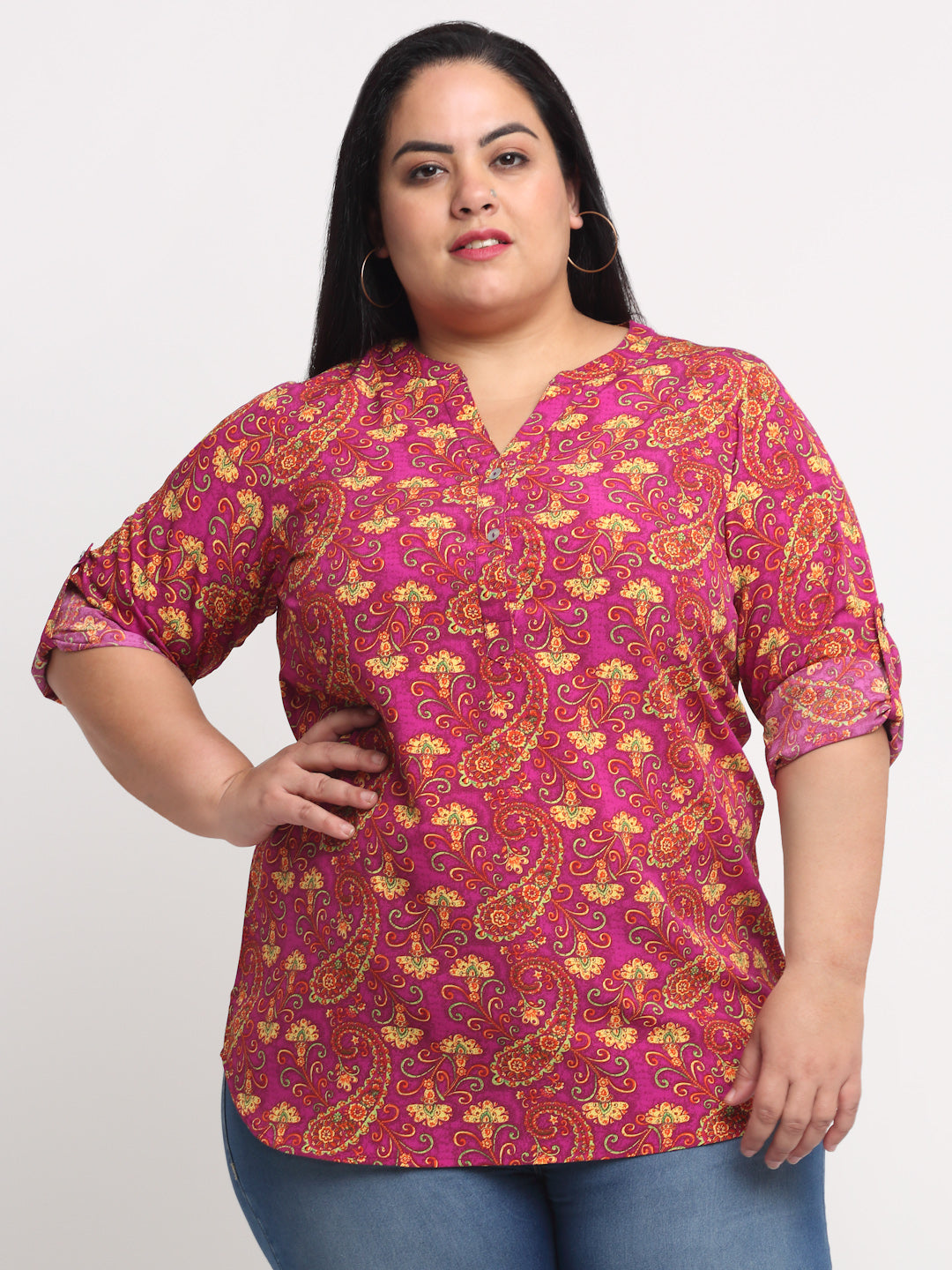 plusS Plus Size Purple  Yellow Printed Mandarin Collar Roll-Up Sleeves Top