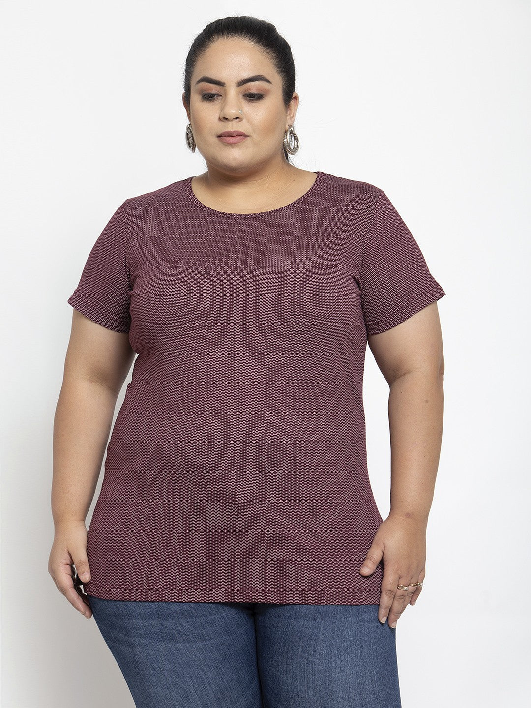 Women Burgundy Printed T-shirt (Plus Size)