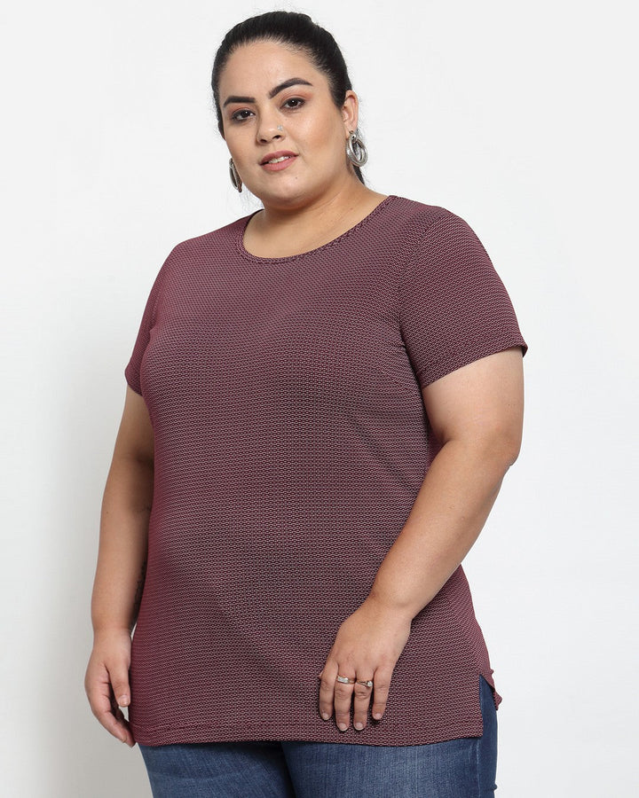 Women Burgundy Printed T-shirt (Plus Size)