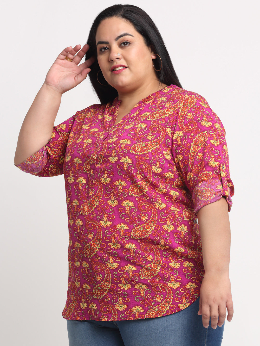 plusS Plus Size Purple  Yellow Printed Mandarin Collar Roll-Up Sleeves Top