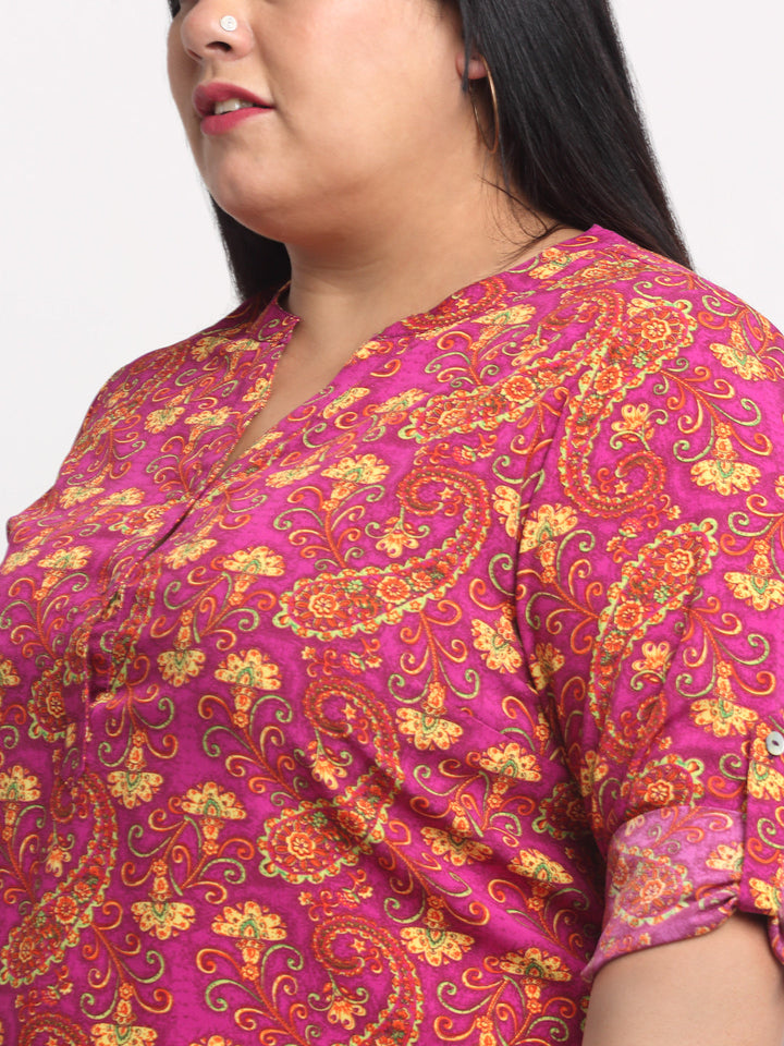 plusS Plus Size Purple  Yellow Printed Mandarin Collar Roll-Up Sleeves Top