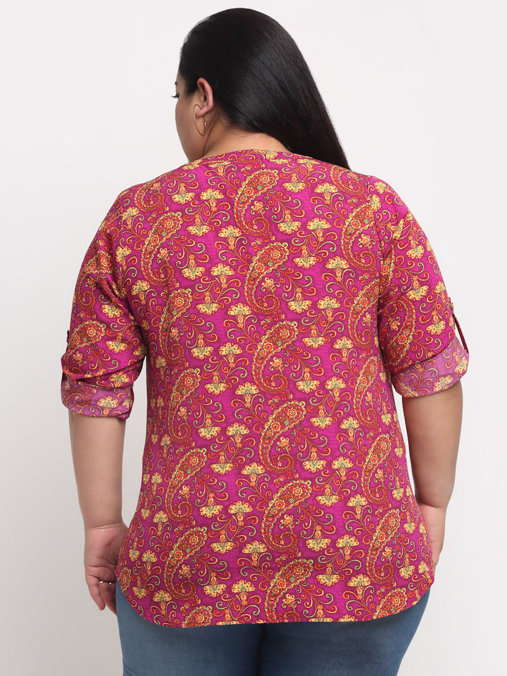 plusS Plus Size Purple  Yellow Printed Mandarin Collar Roll-Up Sleeves Top