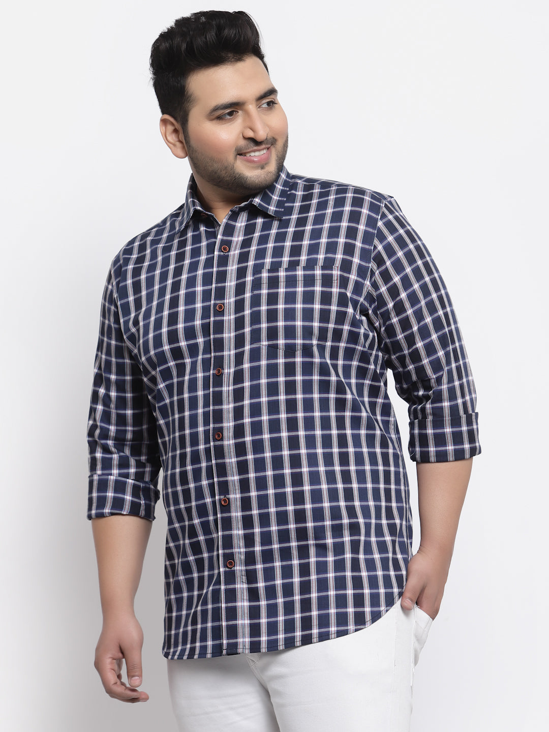 Plus Size Men Navy Blue Regular Fit Tartan Checked Cotton Casual Shirt