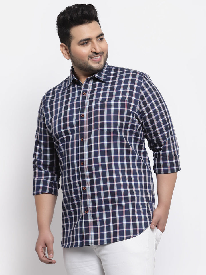 Plus Size Men Navy Blue Regular Fit Tartan Checked Cotton Casual Shirt