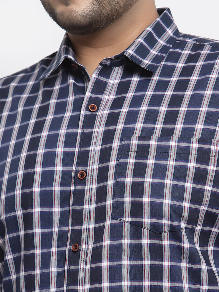 Plus Size Men Navy Blue Regular Fit Tartan Checked Cotton Casual Shirt