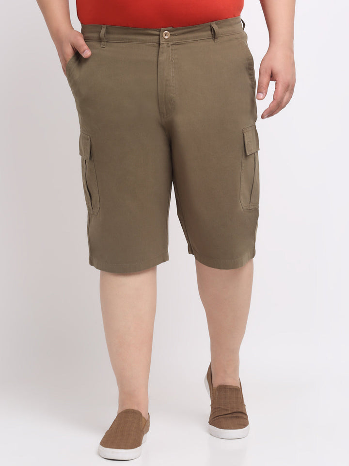 plusS Men Olive Green Mid-Rise Cotton Shorts