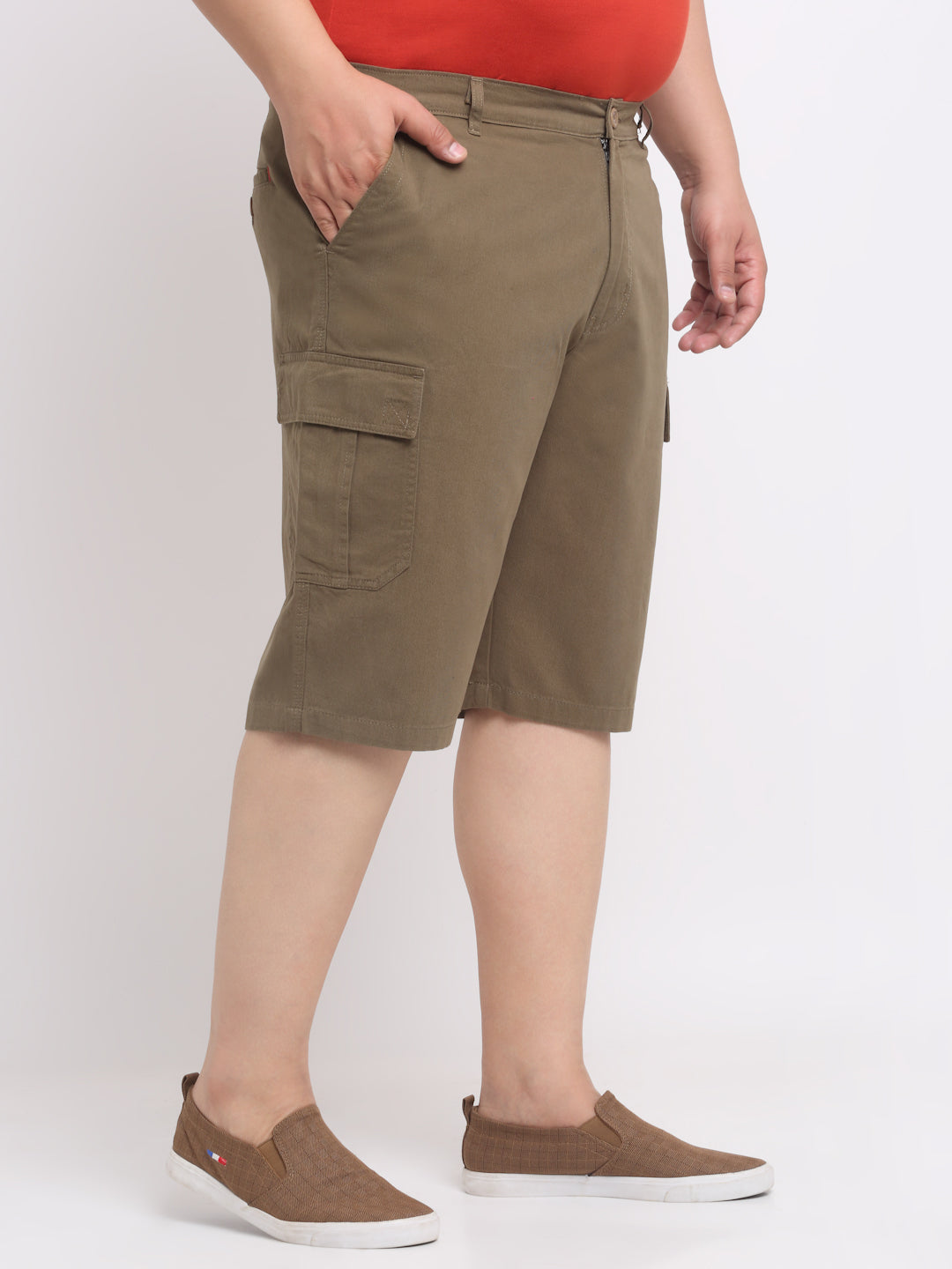 plusS Men Olive Green Mid-Rise Cotton Shorts