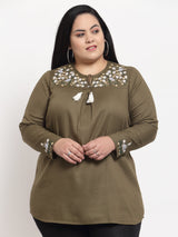 plusS Plus Size Olive Green Tie-Up Neck Top