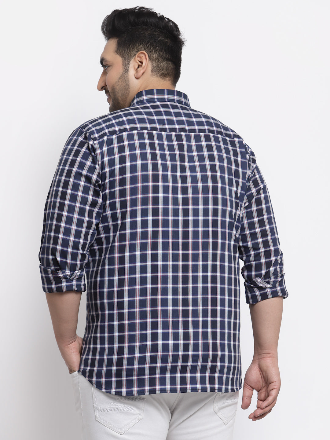 Plus Size Men Navy Blue Regular Fit Tartan Checked Cotton Casual Shirt