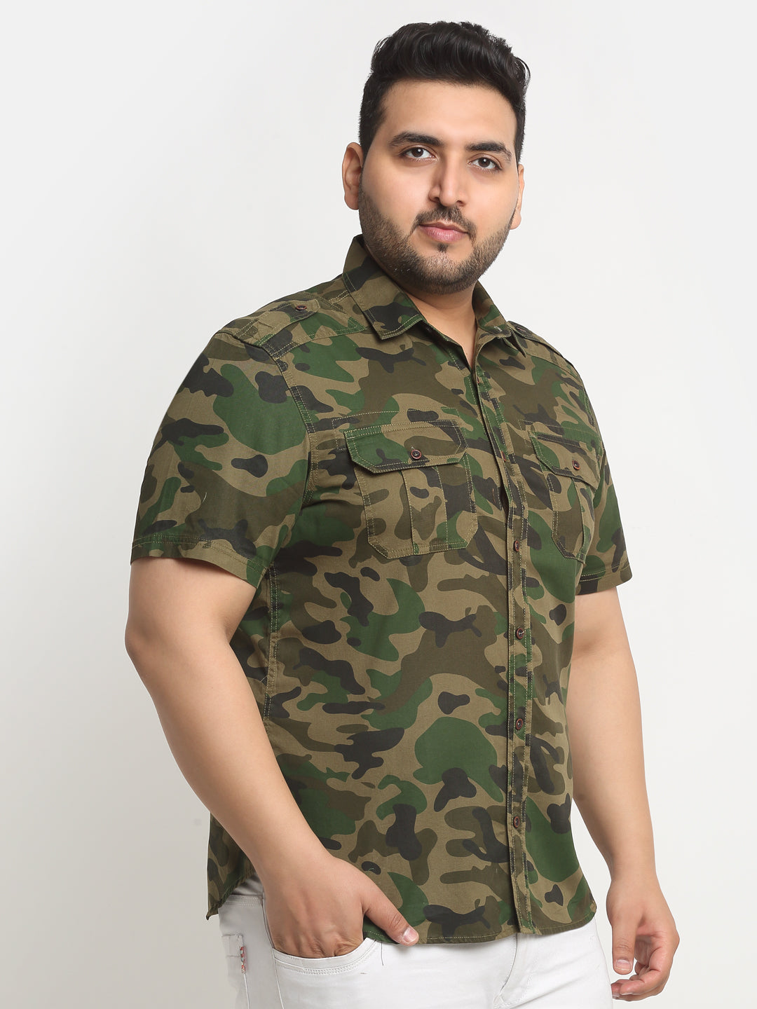 plusS Plus Size Green Camouflage Printed Opaque Casual Shirt