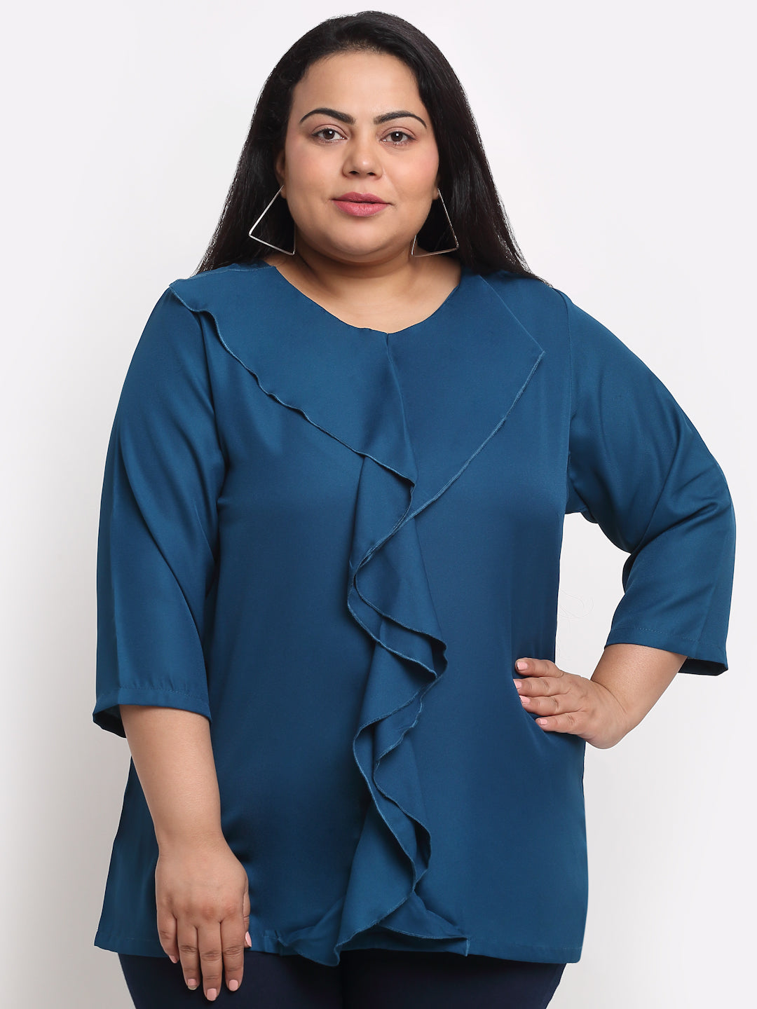 plusS Blue Ruffles Styled Back Plus Size Top