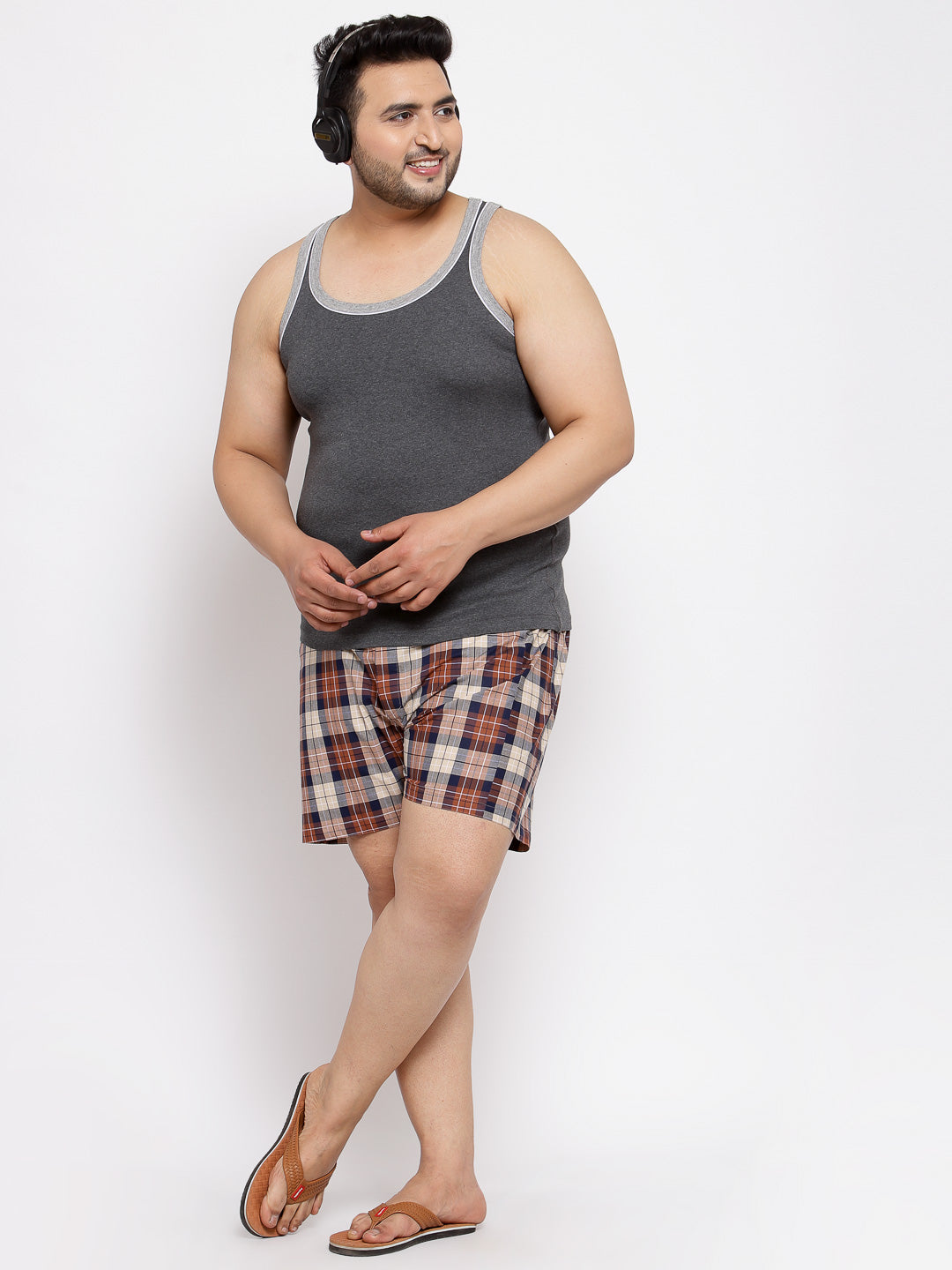 plusS Men Plus Size Orange and Beige Checked Pure Cotton Boxers MBX208E