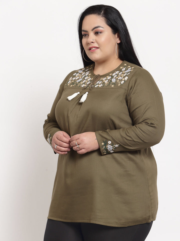 plusS Plus Size Olive Green Tie-Up Neck Top