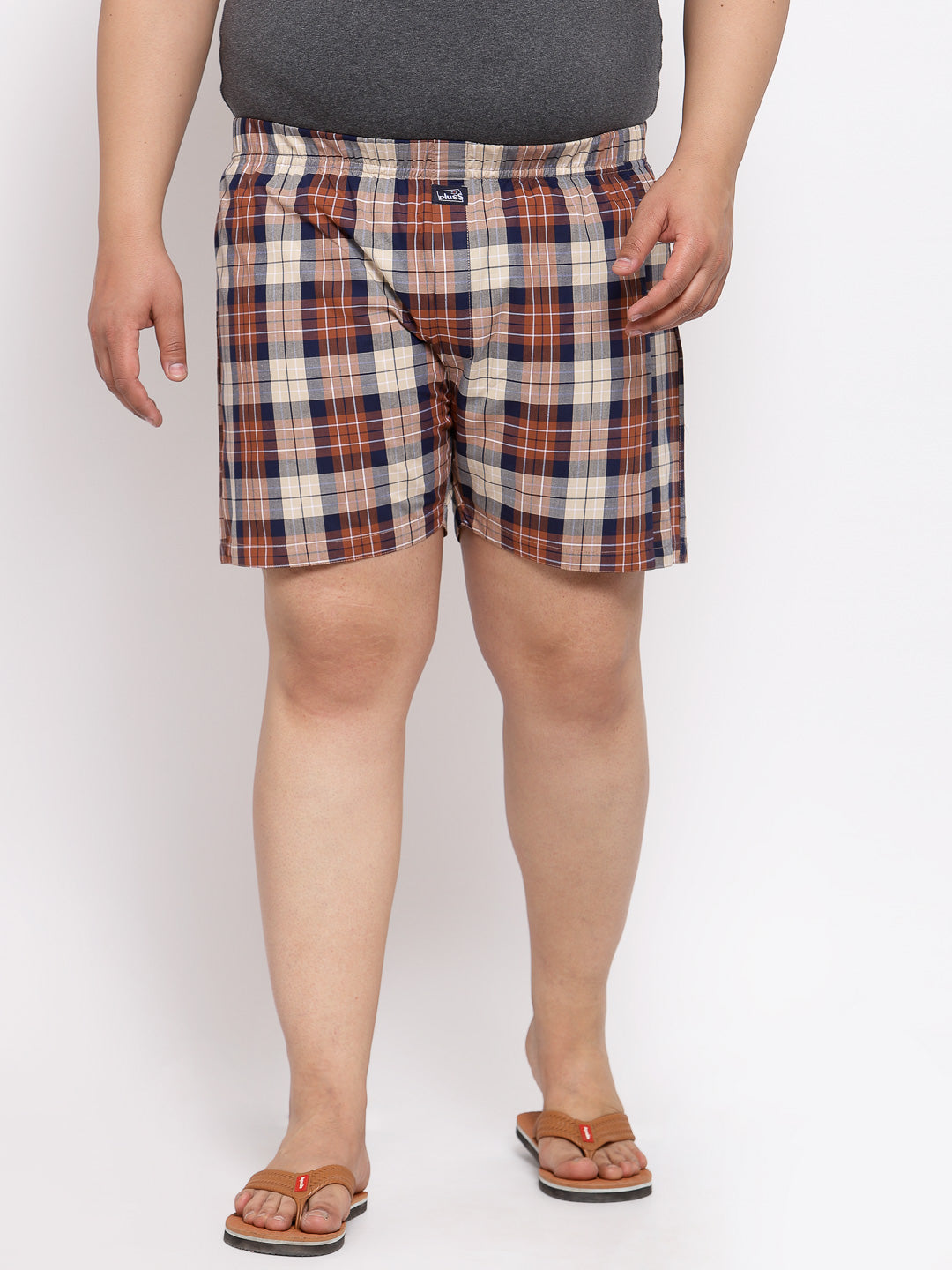 plusS Men Plus Size Orange and Beige Checked Pure Cotton Boxers MBX208E