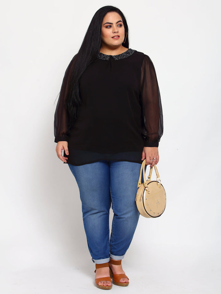 plusS Black Peter Pan Collar Top