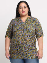 plusS Black  Yellow Plus Women Floral Print Shirt Style Top
